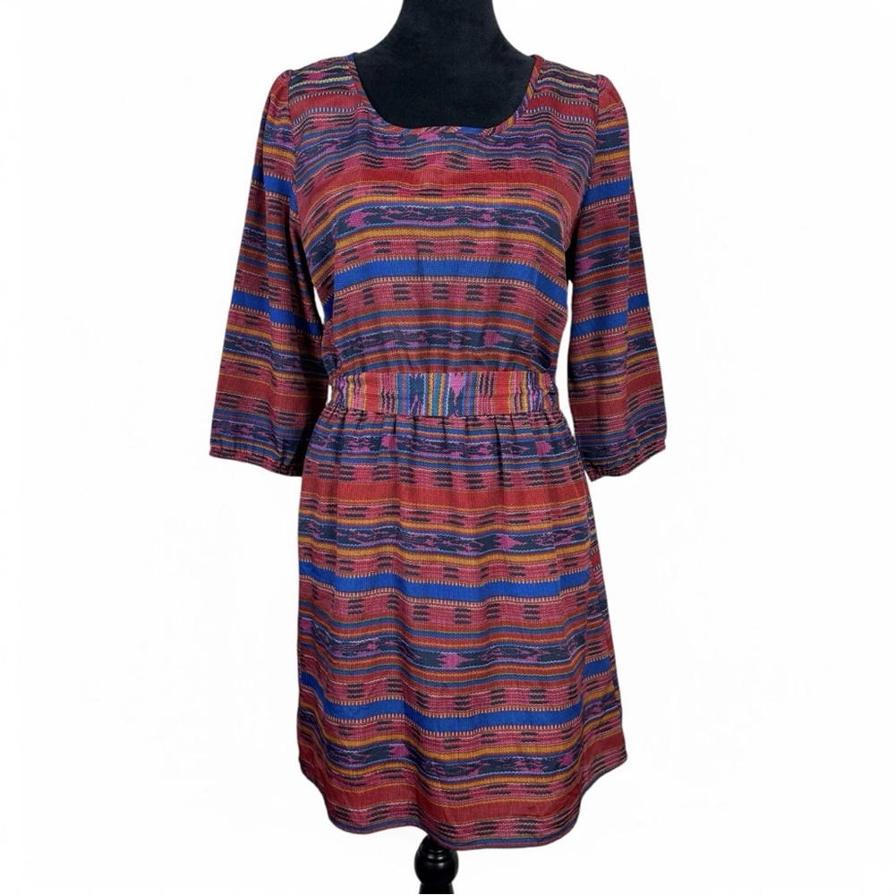 Bebop Knee Length Dress Womens Size Large Multicolor 3/4 Sleeve Belted